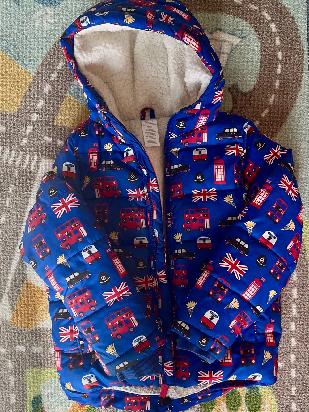 Gymboree Blue London Bus & Flag Puffer Jacket with Hood